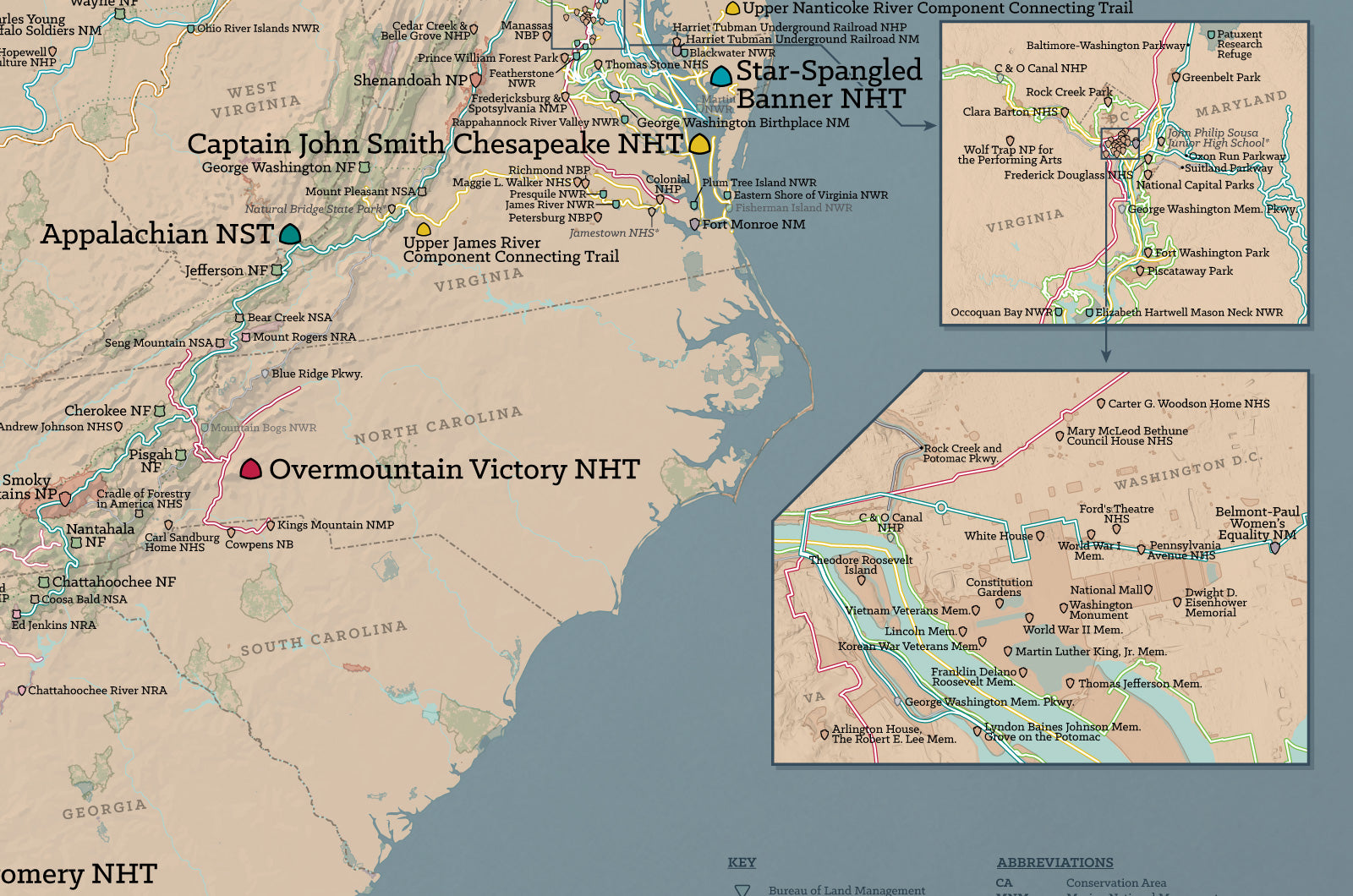 US National Trails System Checklist Map Poster - tan & slate blue