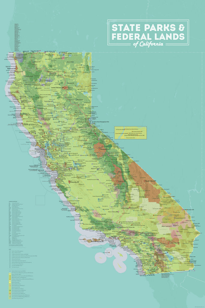 California State Parks & Federal Land Map Poster - green & aqua