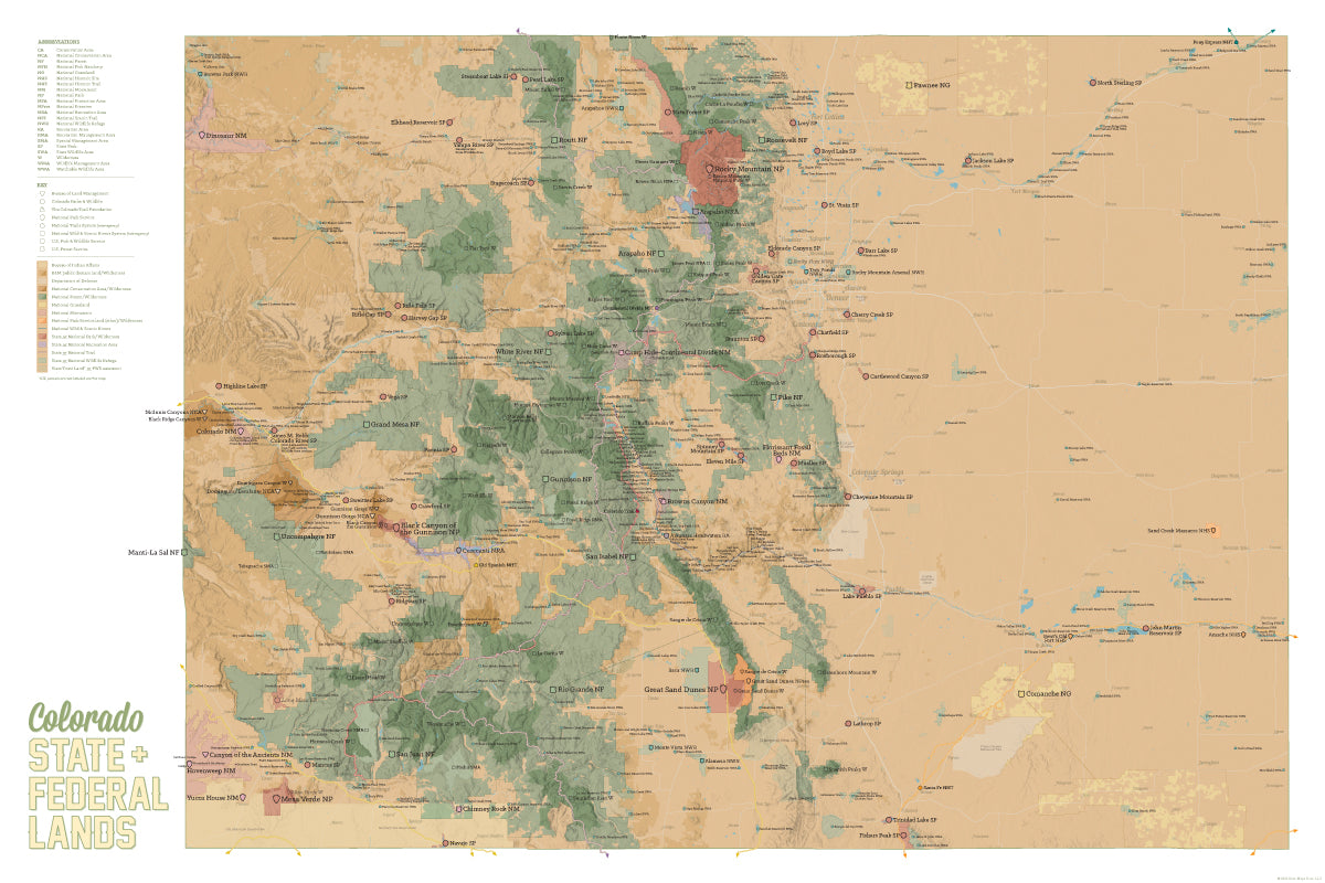 Colorado State Parks & Federal Lands map poster - camel & white