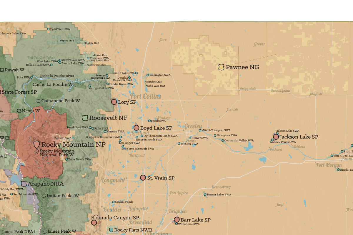 Colorado State Parks & Federal Lands map poster - camel & white