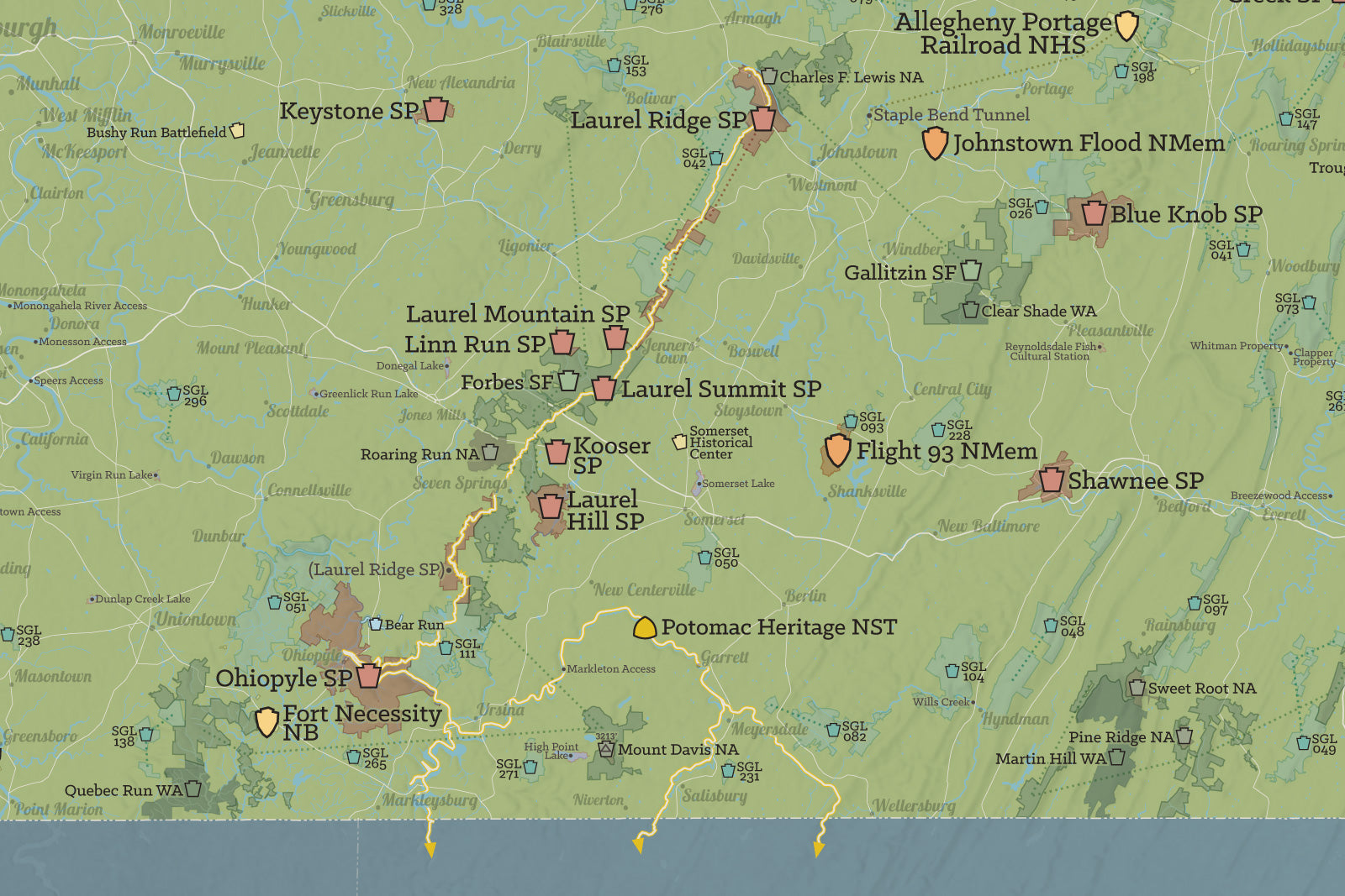 Pennsylvania State Parks, Public Land, Federal/National Lands Map Poster - natural earth