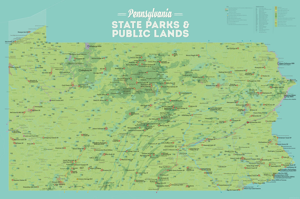 Pennsylvania State Parks, Public Land, National/Federal Lands Map Poster - green & aqua