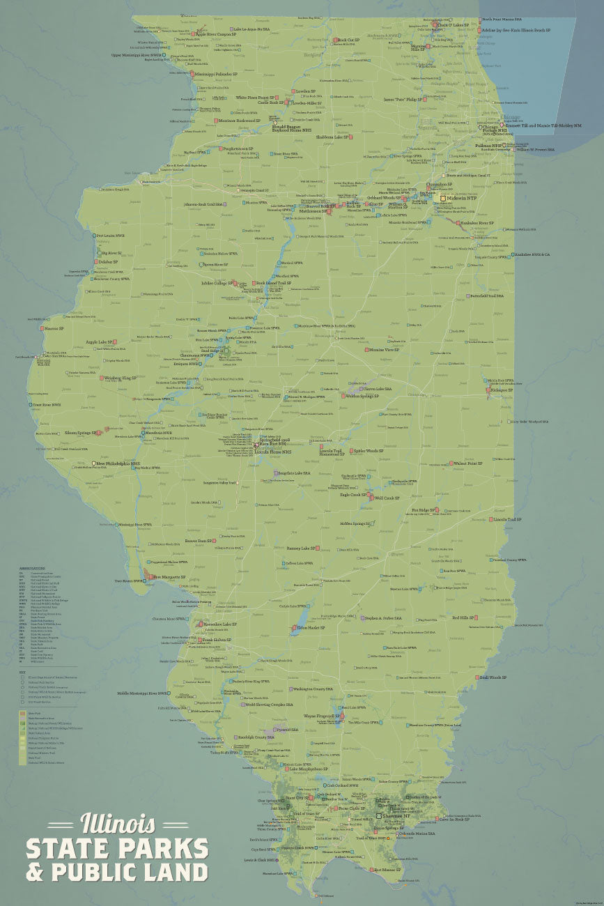 Illinois State Parks, IDNR State Land, Federal Public Lands Map Poster - natural earth