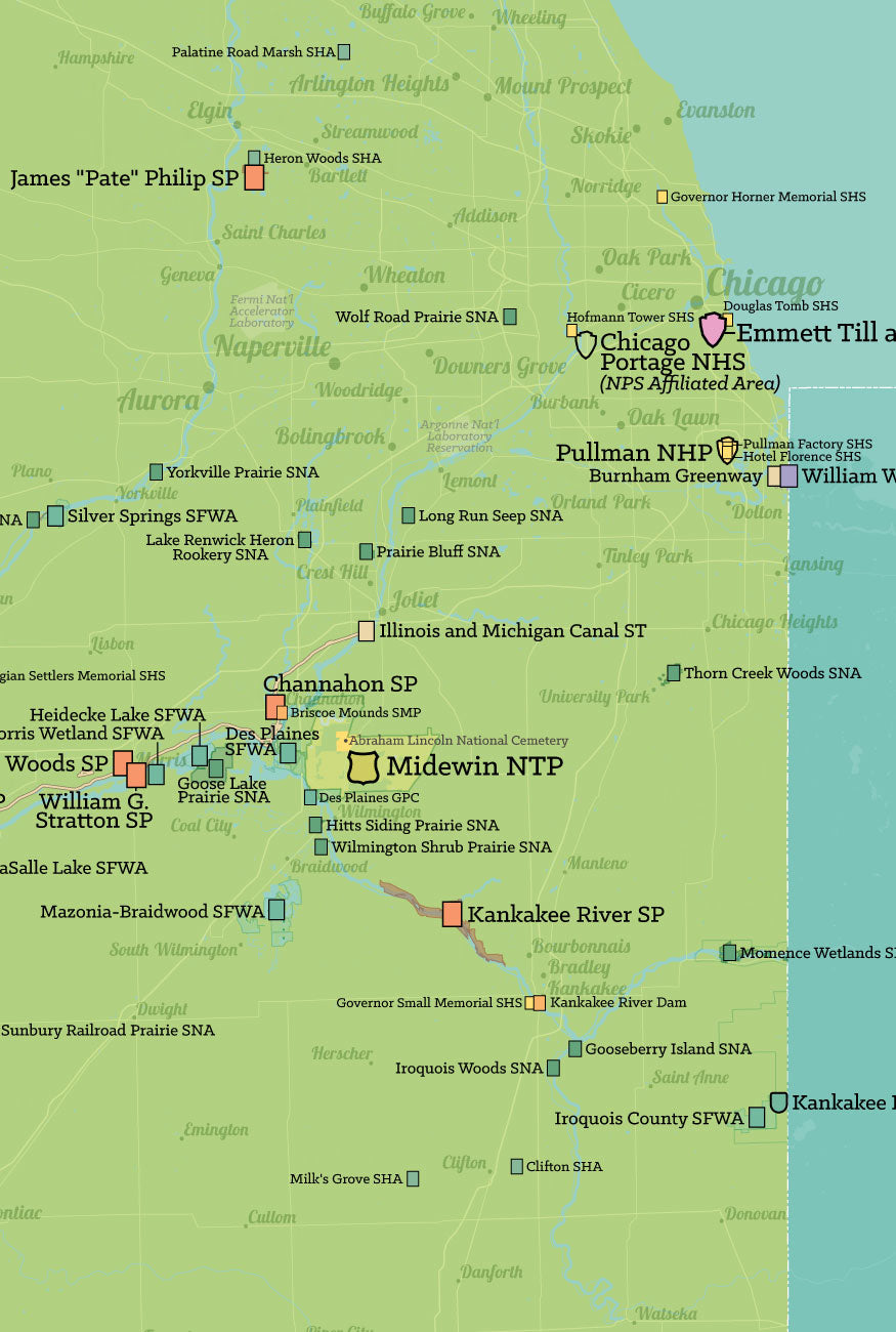 Illinois State Parks, IDNR State Land, Federal Public Lands Map Poster - green & aqua