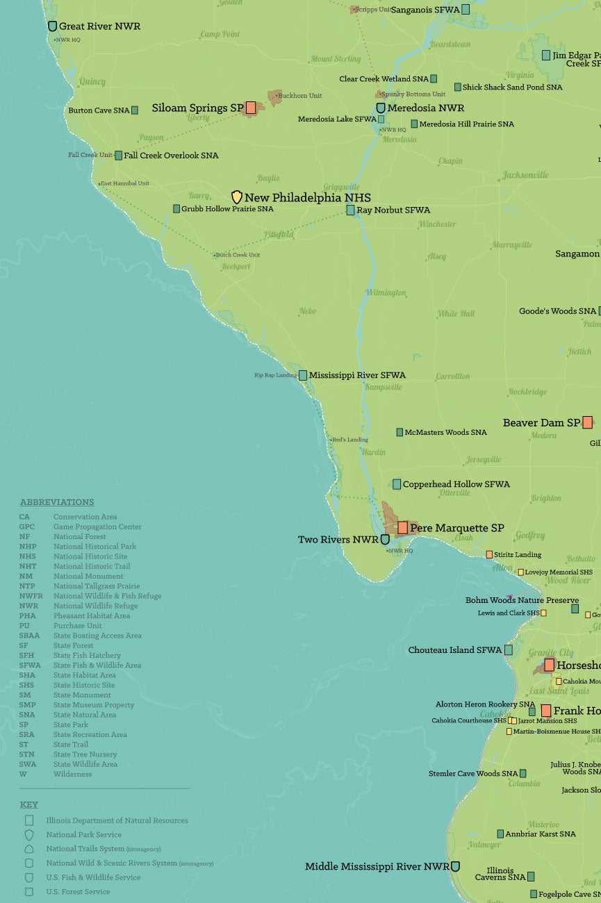 Illinois State Parks, IDNR State Land, Federal Public Lands Map Poster - green & aqua