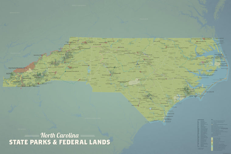 North Carolina State Parks, State Land, Federal Public Lands Map Poster - natural earth