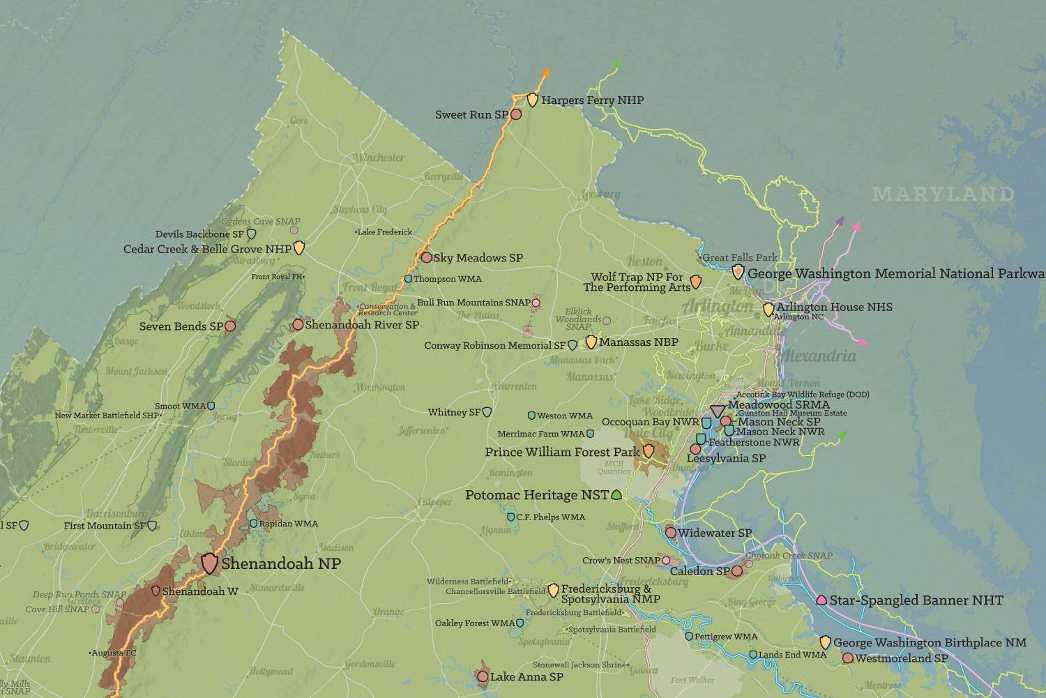 Virginia State Parks, State Land, Federal Public Lands Map Poster - natural earth