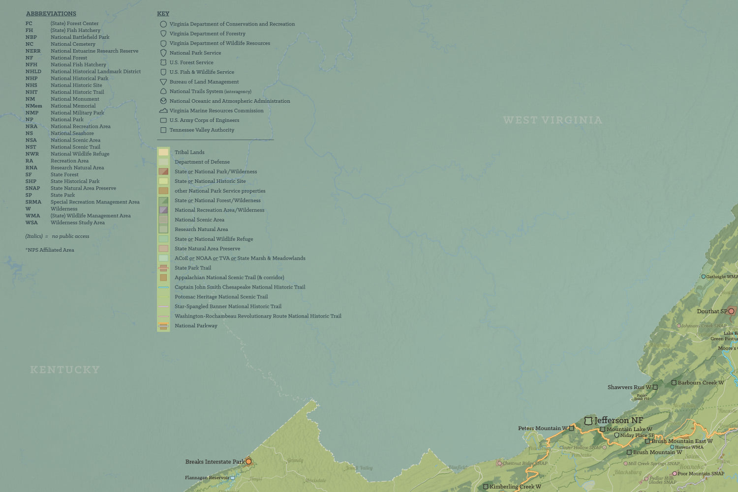 Virginia State Parks, State Land, Federal Public Lands Map Poster - natural earth