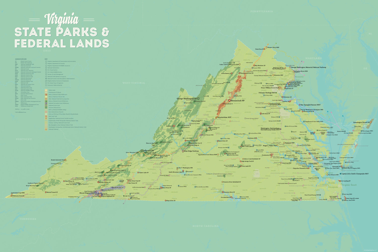 Virginia State Parks, State Land, Federal Public Lands Map Poster - green & aqua