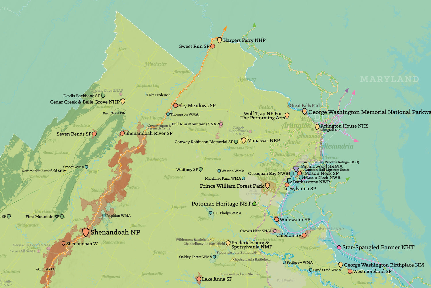 Virginia State Parks, State Land, Federal Public Lands Map Poster - green & aqua