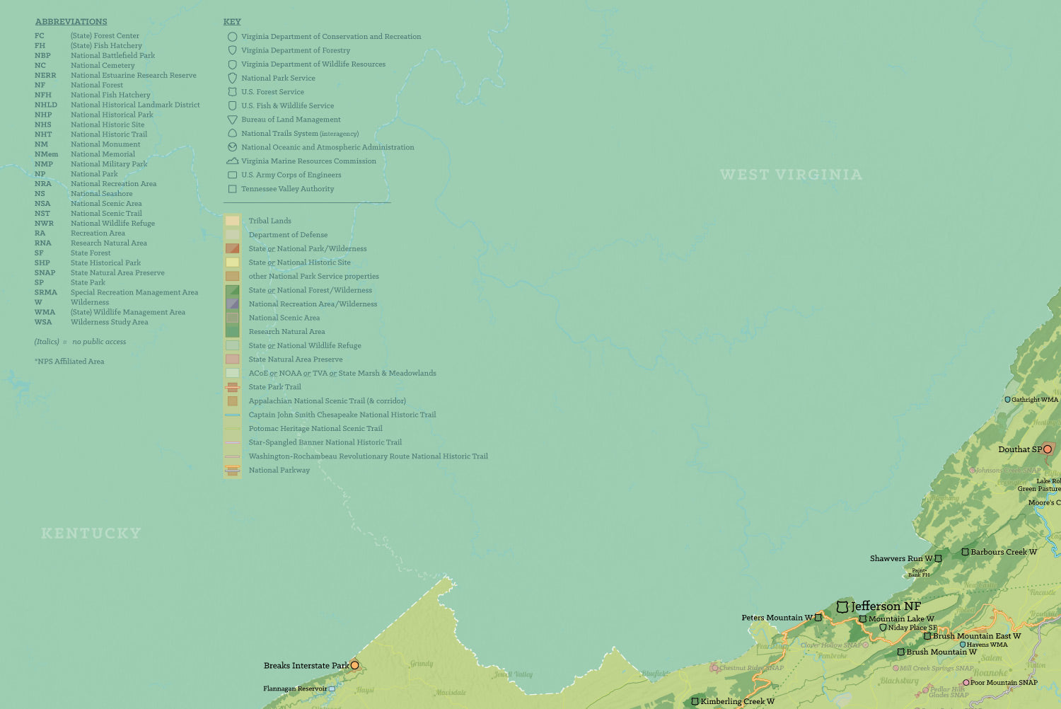 Virginia State Parks, State Land, Federal Public Lands Map Poster - green & aqua