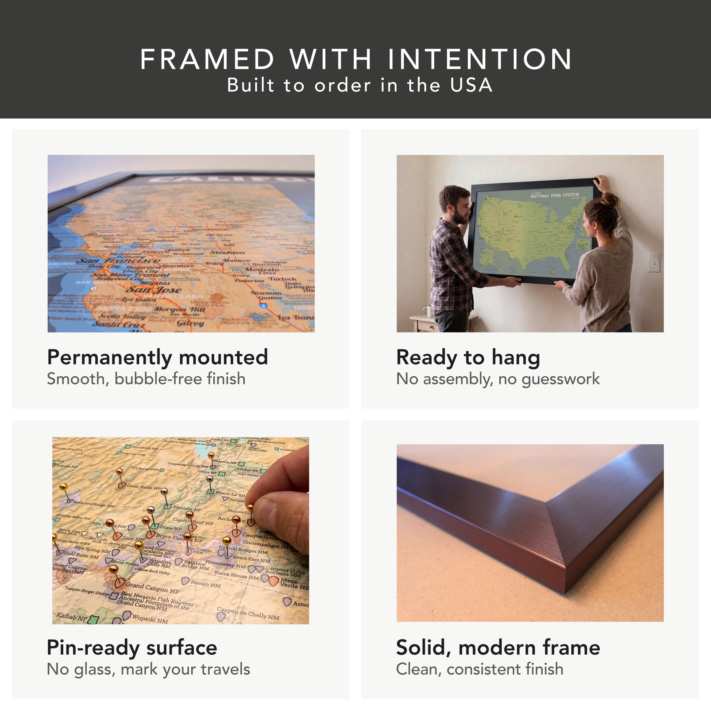 Product advertisement for framed maps with features like permanently mounted, ready to hang, pin-ready surface, and solid frame.