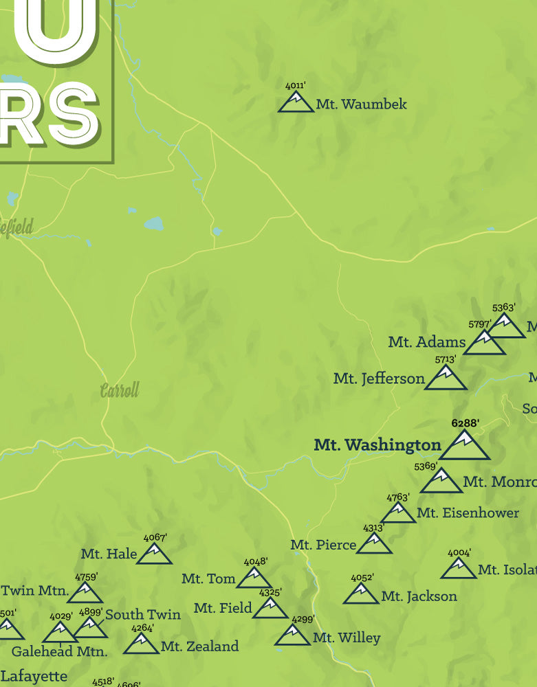 New Hampshire 4000 Footers Checklist Map - bright green