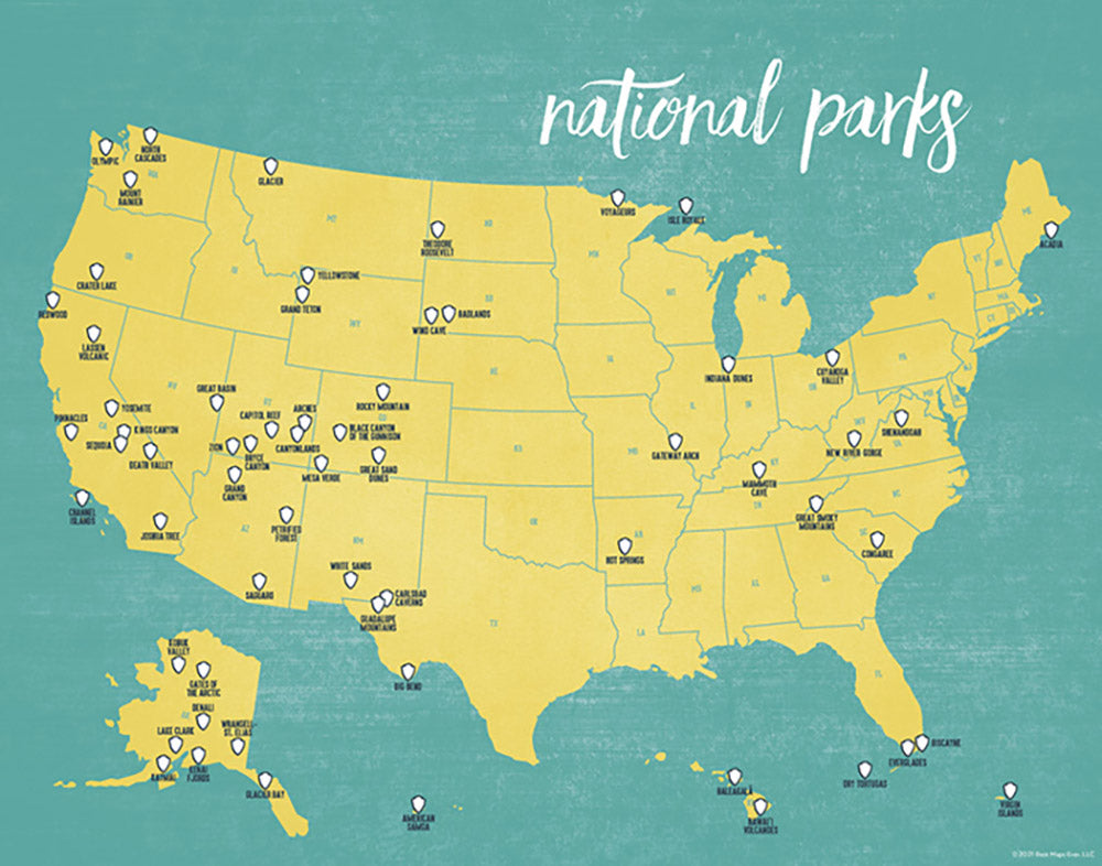 US National Parks Checklist Map Print - yellow & teal