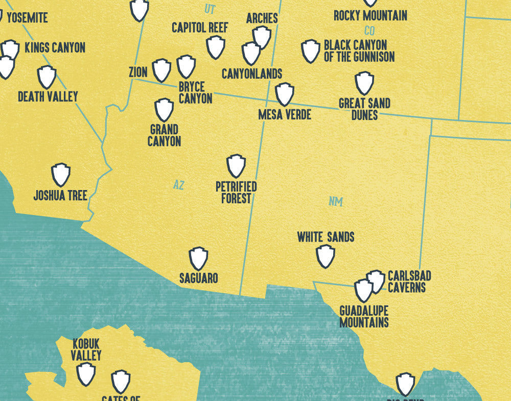 US National Parks Checklist Map Print - yellow & teal