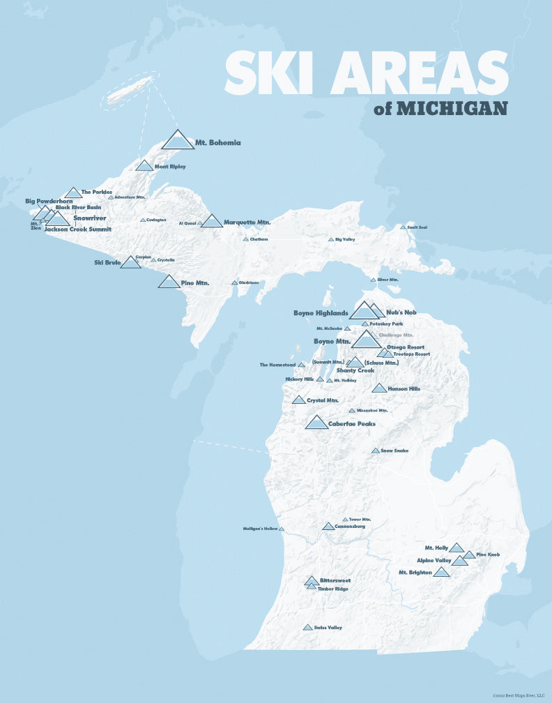 Michigan Ski Areas Resorts Map Print - white & light blue