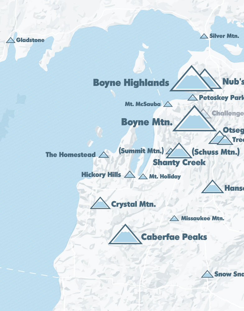 Michigan Ski Areas Resorts Map Print - white & light blue