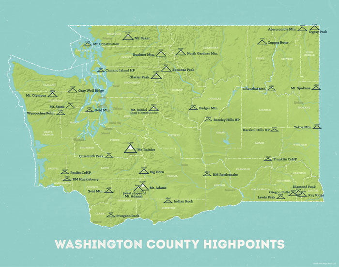 Washington County Highpoints map print - green & aqua