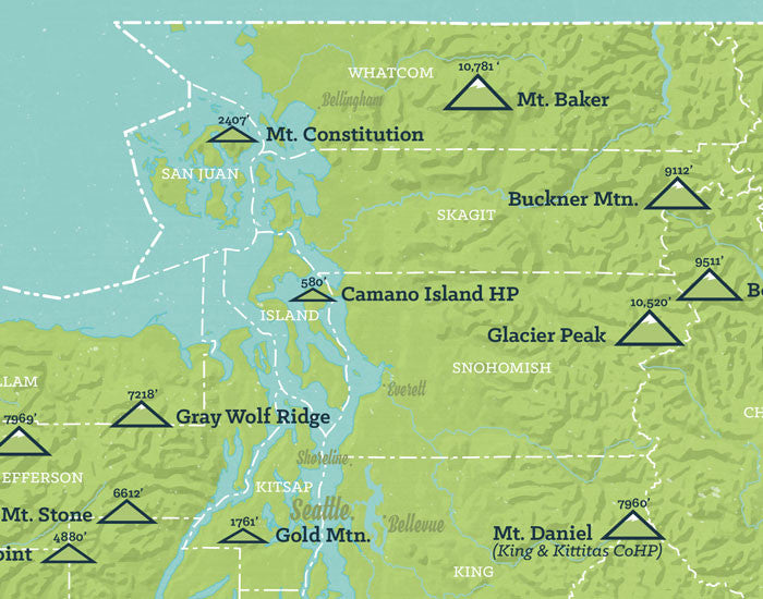 Washington County Highpoints map print - green & aqua