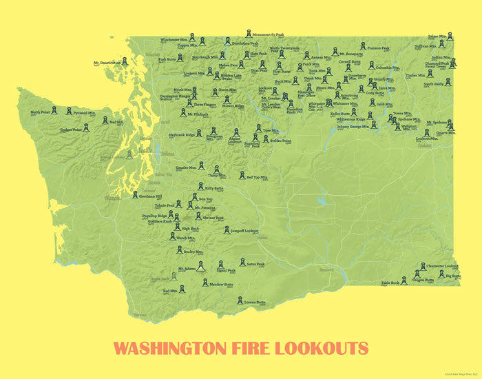 Washington Fire Lookouts map print- green & yellow
