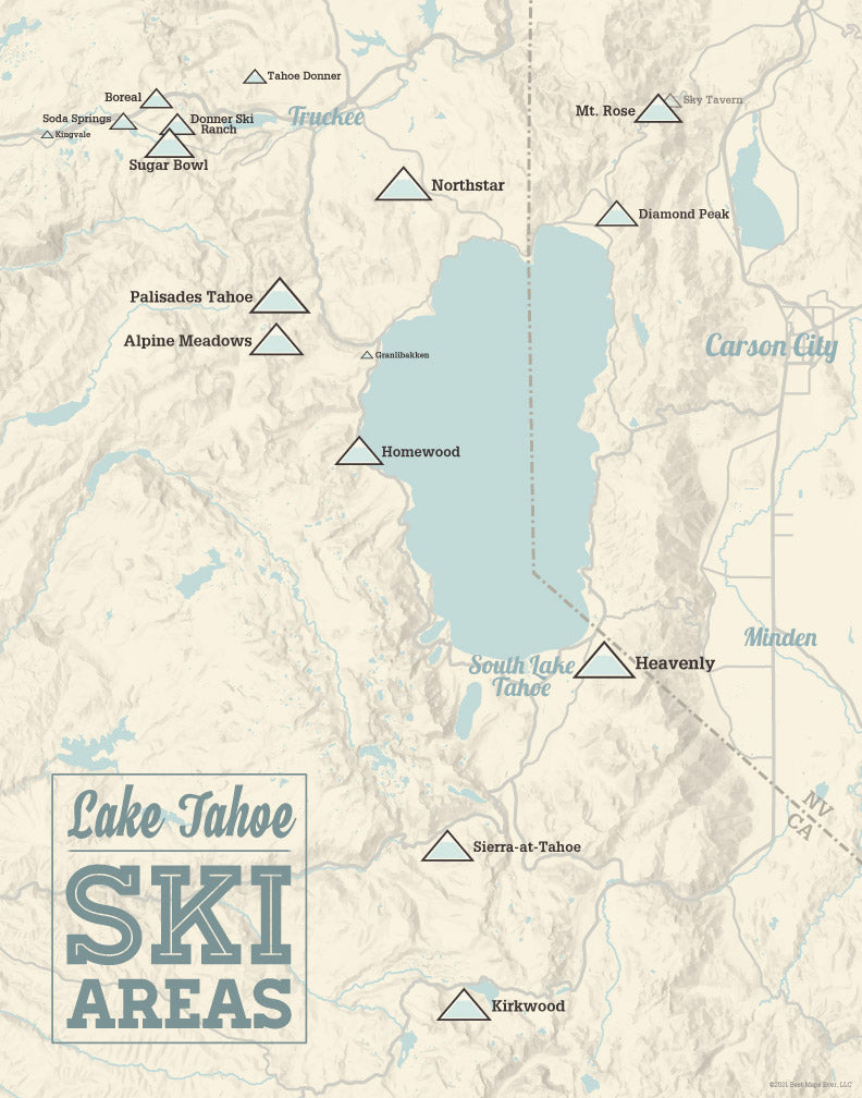 Lake Tahoe Ski Resorts map print - beige & blue