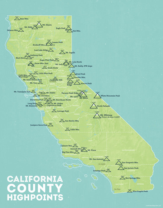 California County High Points map print - green & aqua