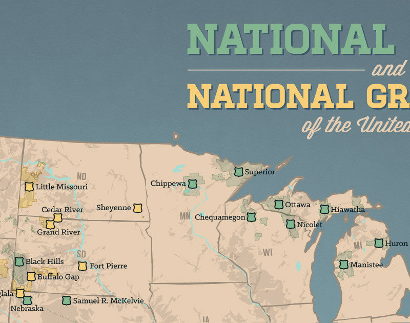 USA National Forests & Grasslands map print - tan & slate blue