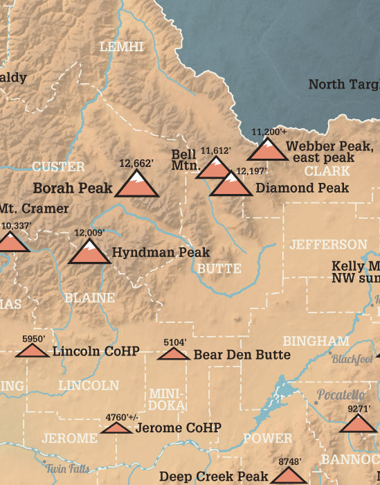 Idaho County High Points map print - camel & slate blue