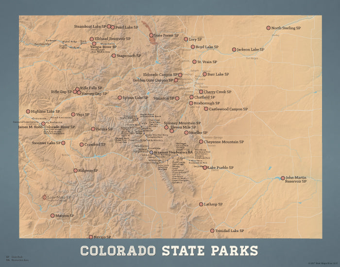 Colorado State Parks map print - camel & slate blue