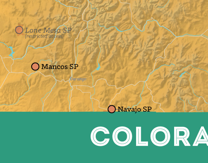 Colorado State Parks map print - yellow-orange & teal