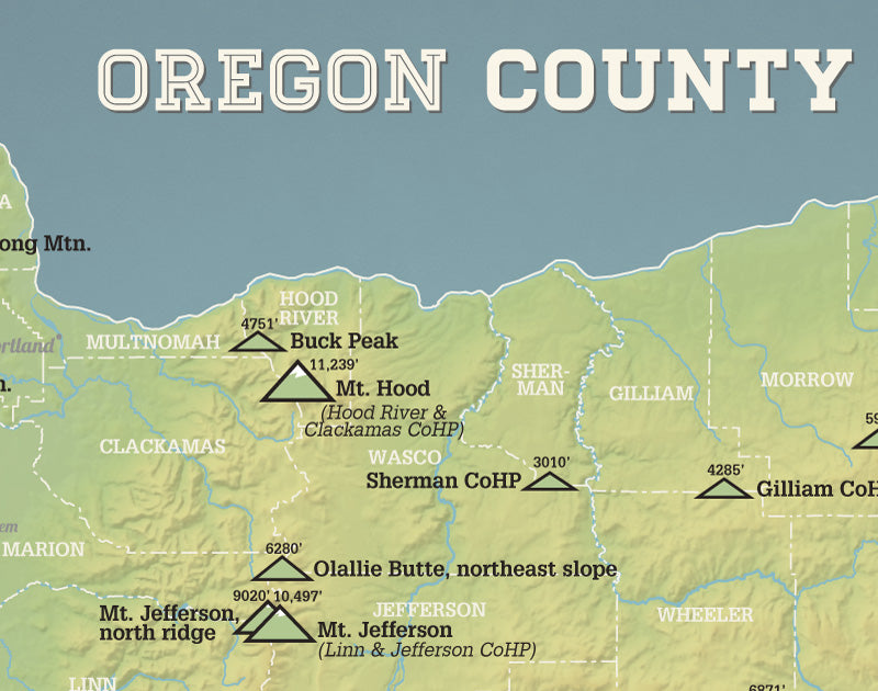 Oregon County Highpoints Map Print - natural earth