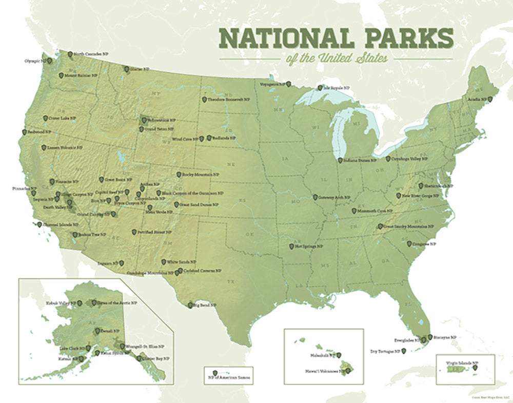 US National Parks Map Print - army & white