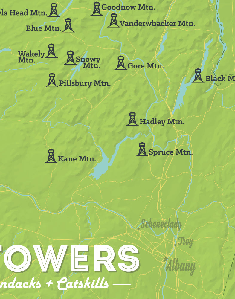 New York Adirondack Catskill ADK Fire Tower Challenge map print - bright green