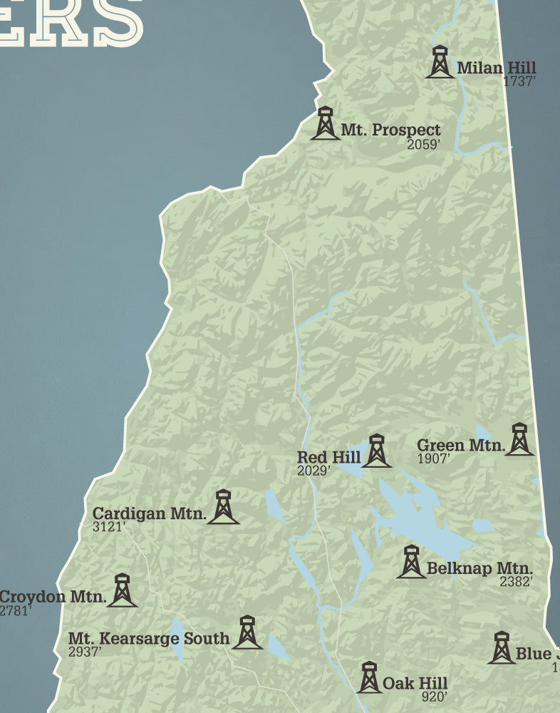 New Hampshire Fire Towers Lookouts map print - sage & slate blue