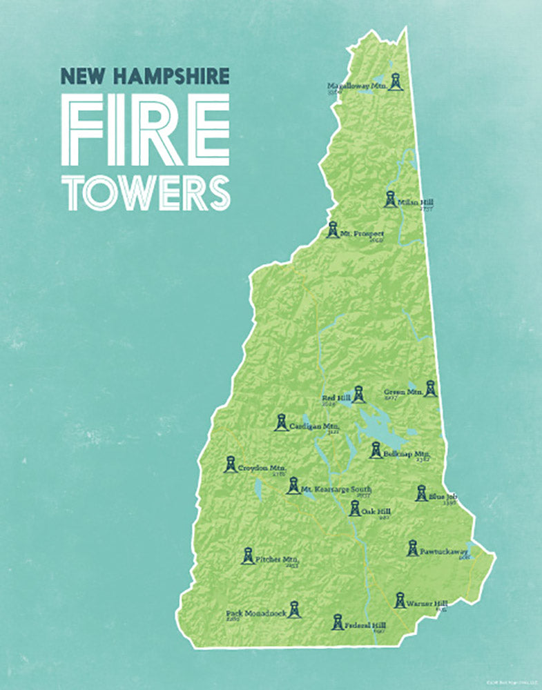 New Hampshire Fire Towers Lookouts map print - green & aqua