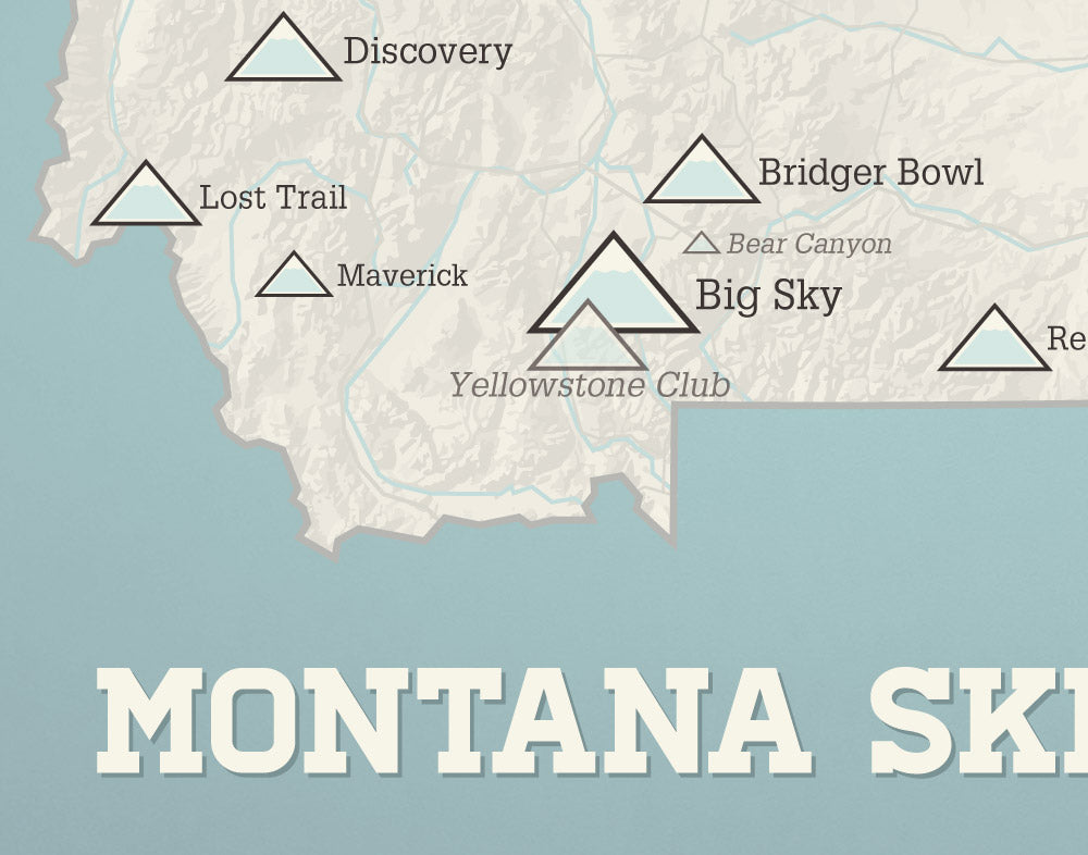 Montana Ski Areas Resorts map print - beige & opal blue