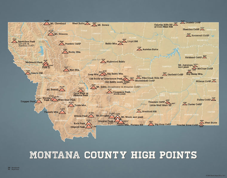 Montana County High Points Highpoints map print - camel & slate blue