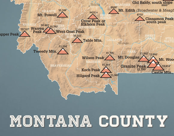 Montana County High Points Highpoints map print - camel & slate blue