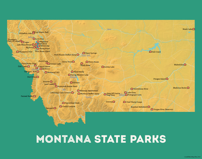Montana State Parks Map Print - yellow-orange & teal