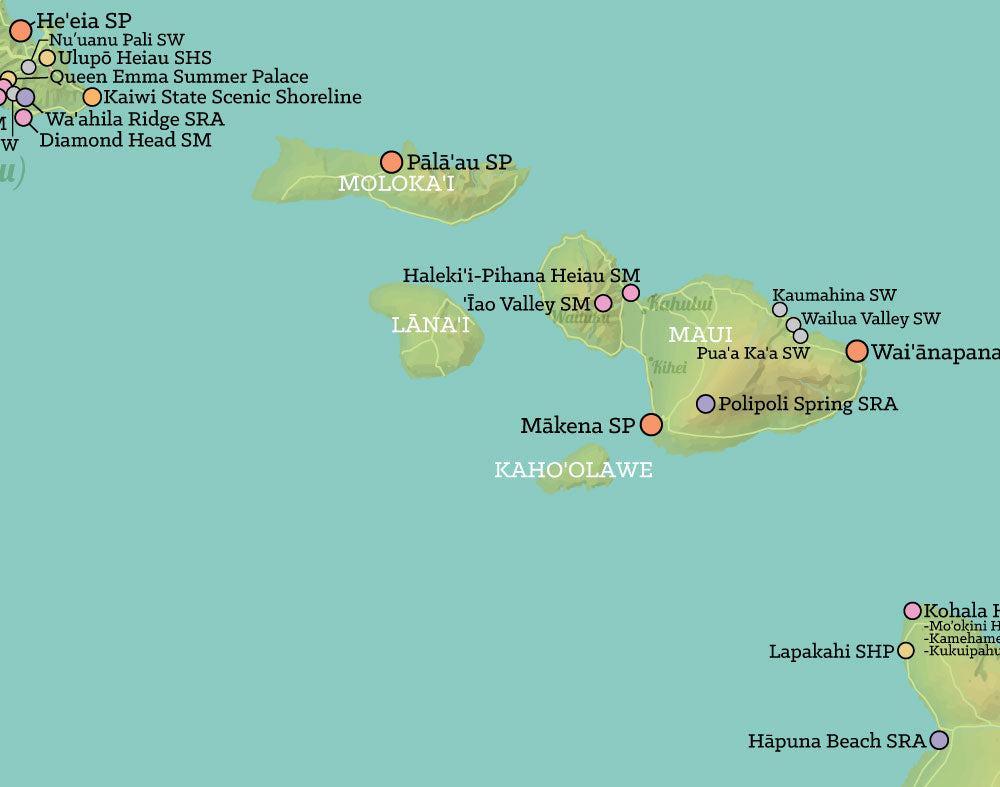 Hawaii State Parks Map Print - green & aqua