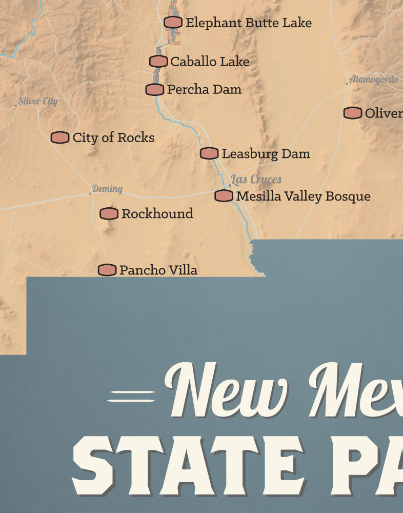 New Mexico State Parks Map 11x14 Print - camel & slate blue