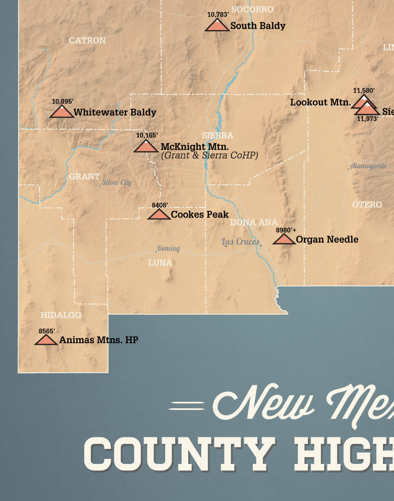 New Mexico County Highpoints Map 11x14 Print - camel & slate blue