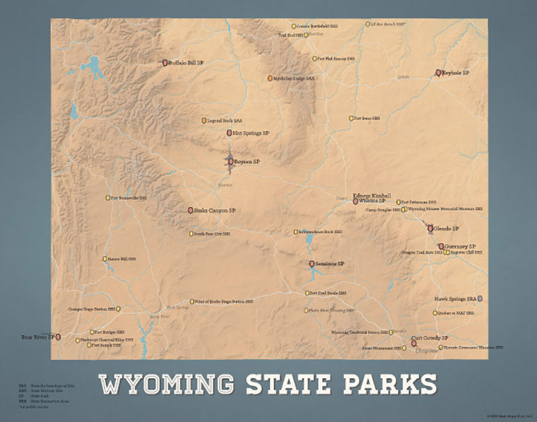 Wyoming State Parks map print - camel & slate blue