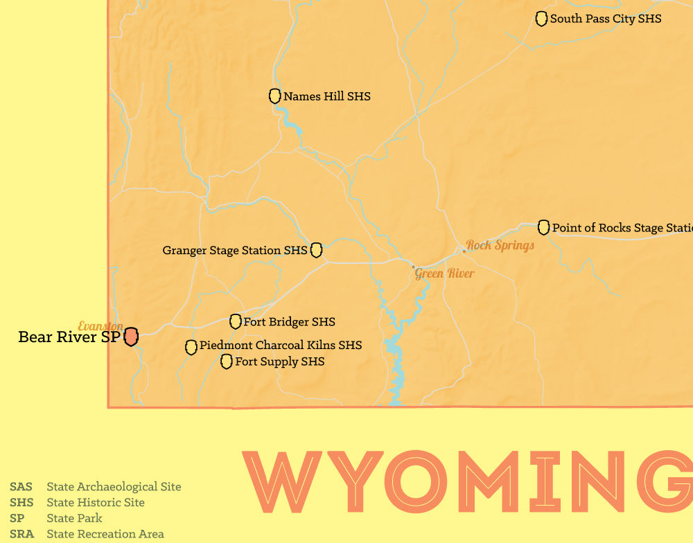 Wyoming State Parks map print - orange & yellow