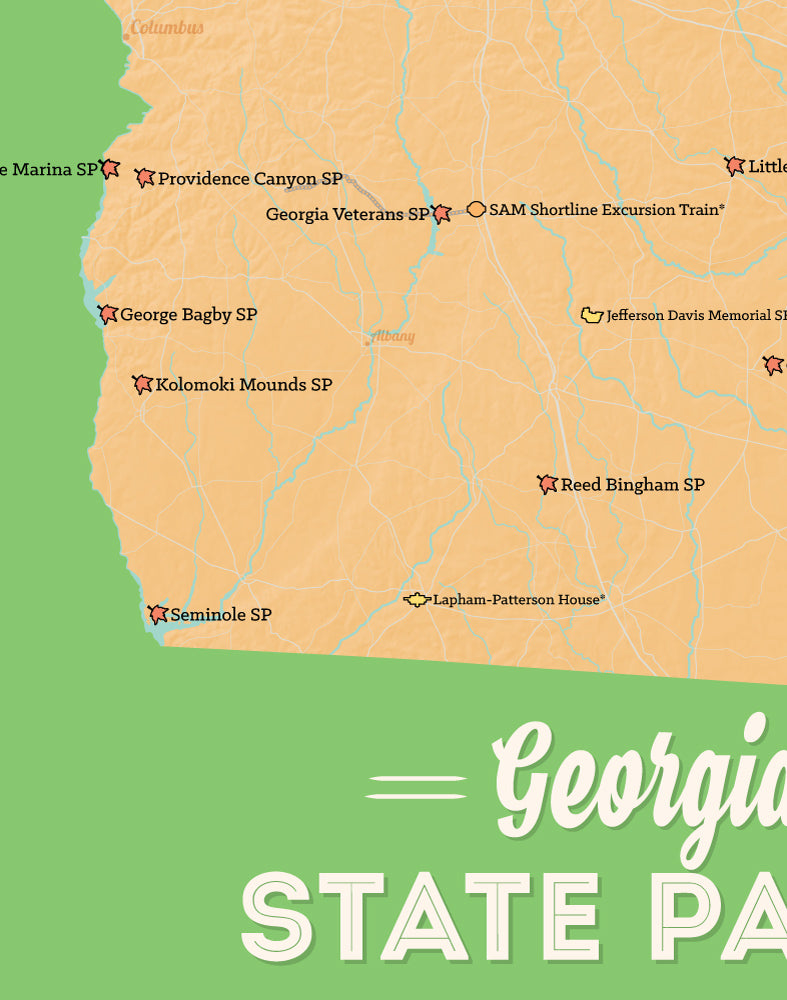 Georgia State Parks Map Print - peach & green