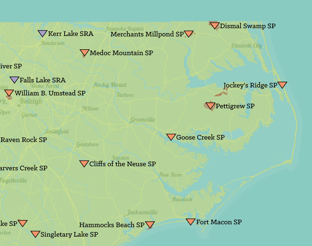 North Carolina State Parks Map Print - green & aqua