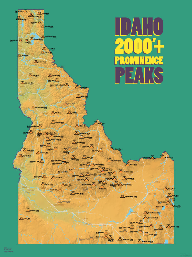 Idaho 2000' Prominence Peaks Map Poster - orange & teal