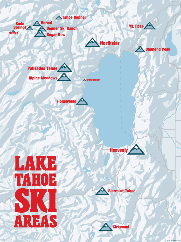 Lake Tahoe Ski Areas Map Poster - white & red