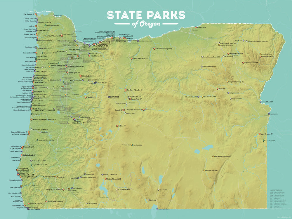 Oregon State Parks Map Poster - green & aqua