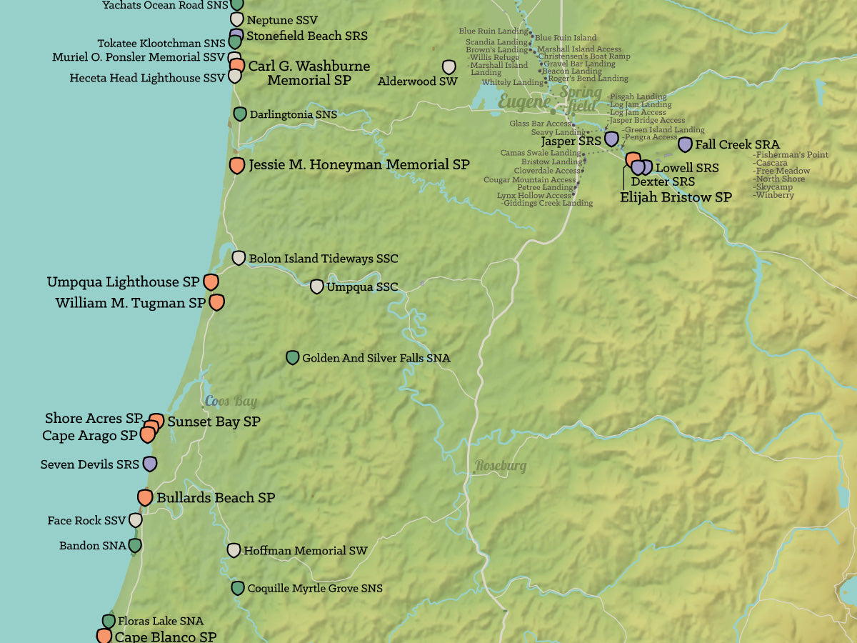 Oregon State Parks Map Poster - green & aqua